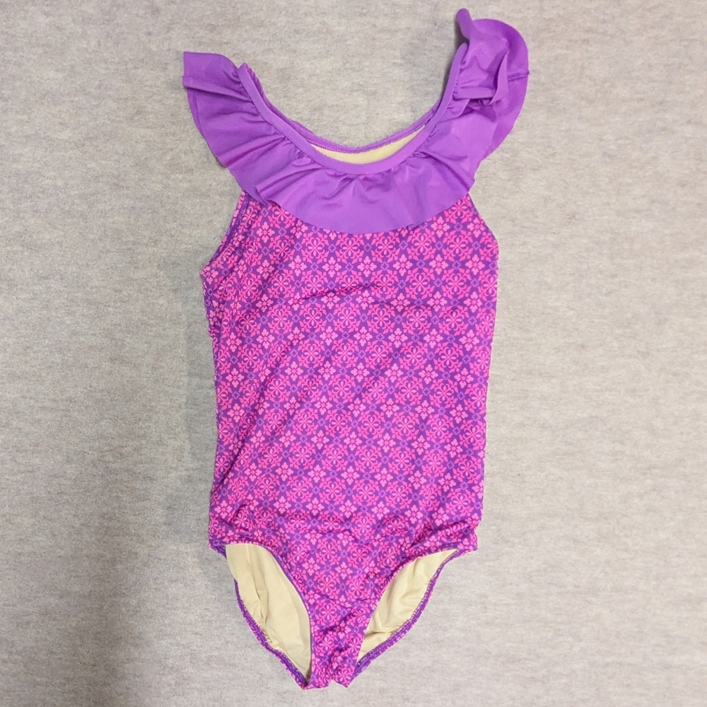 Land's End Girl's Purple & Pink Ruffle Flutter One-Piece Swimsuit Size L 10-12